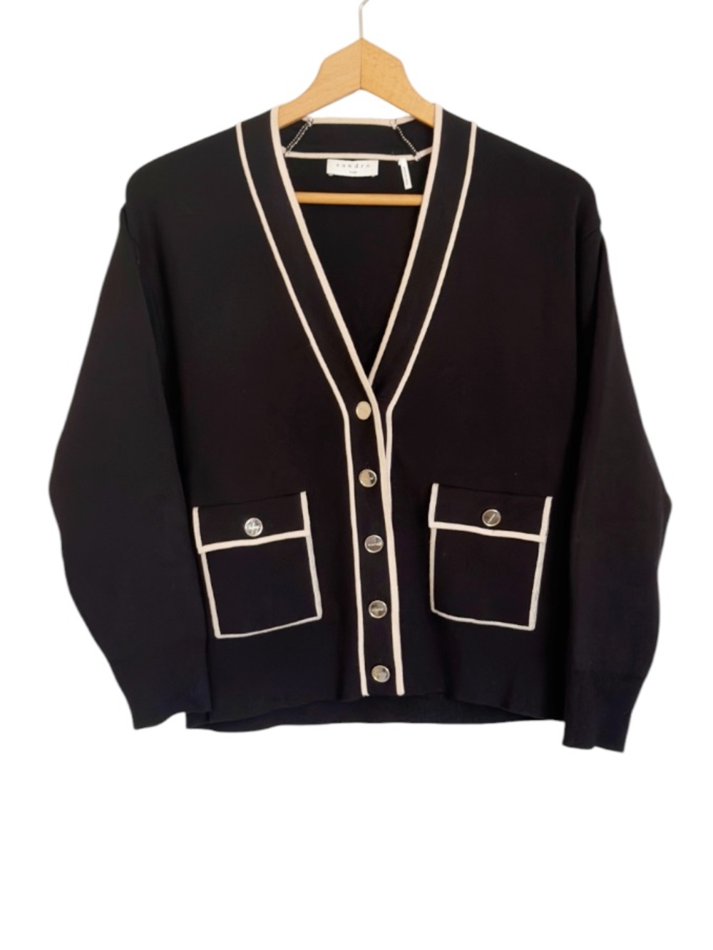 Sandro Paris Preppy Parisian Chic Black Contrast Trim Cardigan size 0 EU US 2